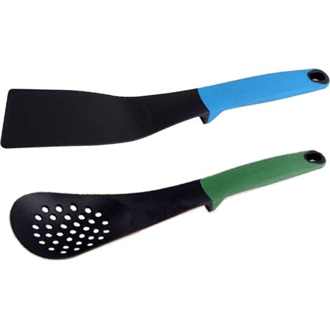 Ensemble de 2 ustensiles de cuisine antiadhésifs en nylon avec poignée : casserole, cuillère à soupe et spatule. (1/5)