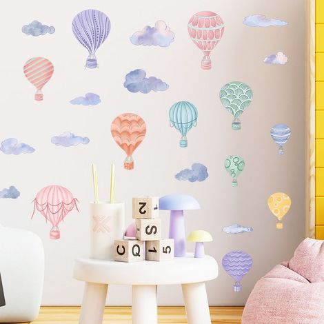 Stickers muraux de décoration de chambre d'enfant Nuages Montgolfière, Stickers muraux de dessins animés, Poster d'art mural, Stickers d'art à décoller et à coller pour la décoration des enfants et (1/4)