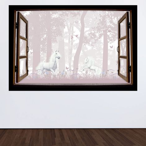 Stickers Trompe l'oeil fenêtre en bois Enfants - Licornes - 60 x 90 cm (1/3)