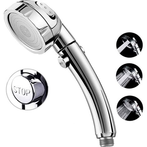 Pommeau de douche haute pression, pomme de douche à main à 3 réglages avec bouton poussoir d\\'arrêt complet marche/arrêt et interrupteur pour contrler le débit, jets corporels à économie d\\'eau à an (1/5)