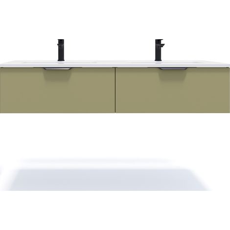 Meuble de salle de bain suspendu double vasque intégrée 140cm 2 tiroirs Vert olive - Soho (1/5)