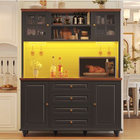 Credenza alta da cucina con LED RGB, ripiani regolabili, nera HAVRYA (1/5)