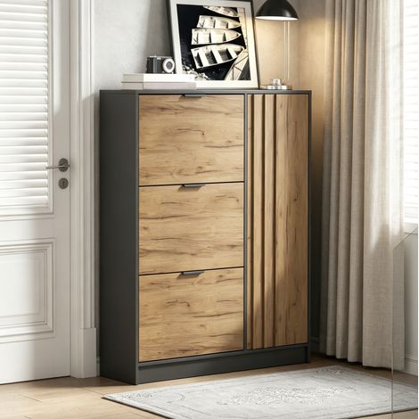 Schuhschrank 100x30x130cm aus MDF, mit 3 Klappfächern & 1 Türfach, Schuhregal für bis zu 12 Paar Schuhe (ca. 2 Paar pro Ebene), max. 50kg belastbar,Eingangsschrank, Naturholzfarbe + Schwarz (1/5)