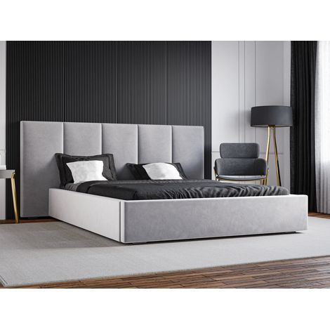 Emporius Lit double 180x200 cm Praga, avec sommier à lattes, design moderne - lit rembourré, Gris clair (1/5)