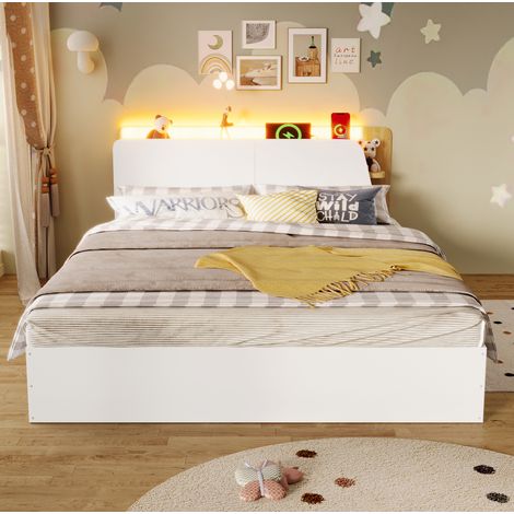 Lit coffre 140x200 cm en pin et blanc avec LED, USB et grand rangement (1/5)