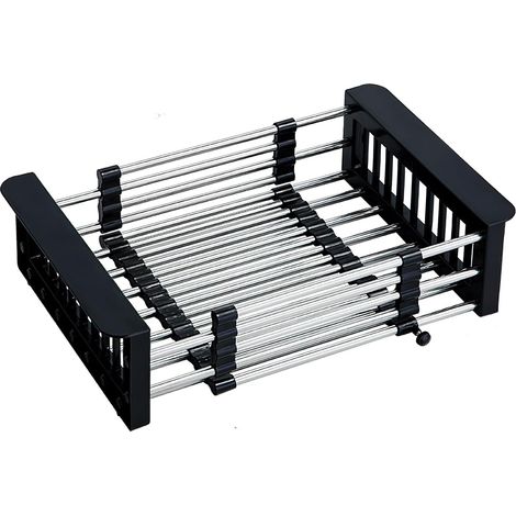Escurridor de platos extensible de acero inoxidable para fregadero, negro, 22,5 cm de ancho. (1/5)