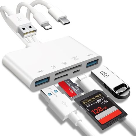 5-in-1-Speicherkartenleser, USB-OTG-Adapter und SD-Kartenleser für iPhone/iPad, USB-C- und USB-A-Geräte mit Micro-SD- und SD-Kartensteckplätzen unterstützt SD/Micro-SD/SDHC/SDX (1/5)
