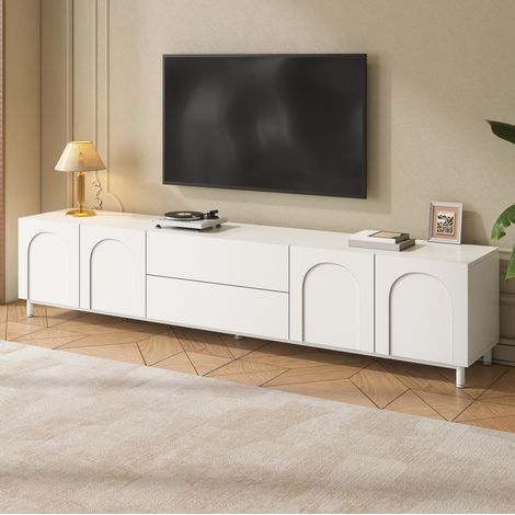 Mobile TV 180x40x48 cm con quattro ante e due cassetti, contenitore organizzato, in truciolato e MDF bianco. (1/5)