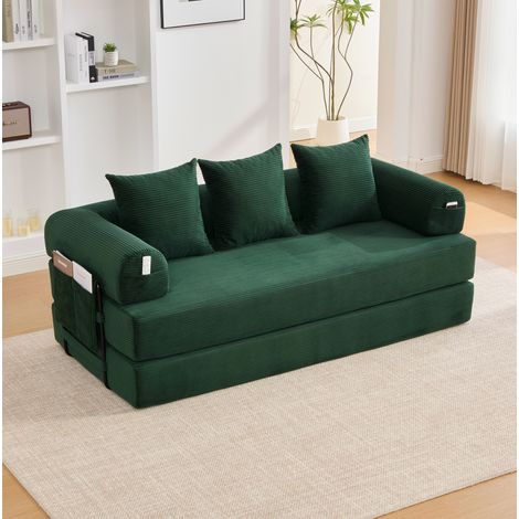 Canapé modulable 200x94x67 cm avec poche latérale, 3 coussins, structure métal, velours côtelé émeraude - vert (1/5)