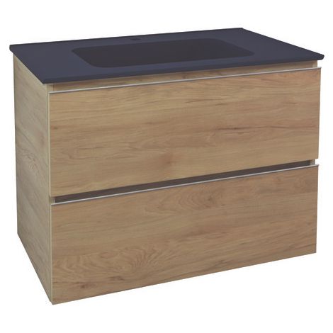ONDEE ZEN - Meuble salle de bain à suspendre TRENDY - 80cm -2 tiroirs - Bois- Plan noir (1/3)