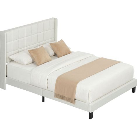 HOMCOM cama tapizada 135x190 cm con cabecero acolchado con orejas y almacenaje inferior, somier de lamas de madera, fácil montaje, beige (1/5)