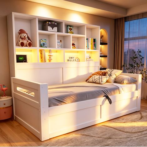 Lit banquette enfant 90x200 cm avec coffre hydraulique, LED, prises et rangements, MDF blanc pour chambre (1/5)