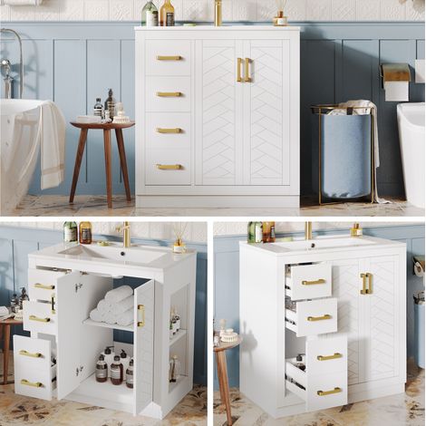 Armoire lavabo 76,5 x 46,5 x 84,5 cm 3 tiroirs étagère latérale charnières fermeture douce bassin céramique blanc scandinave