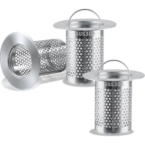 Lot de 3 crépines d'évier/douche avec poignée, filtre anti-cheveux et filtre de siphon de sol en acier inoxydable pour éviter les obstructions. (1/5)