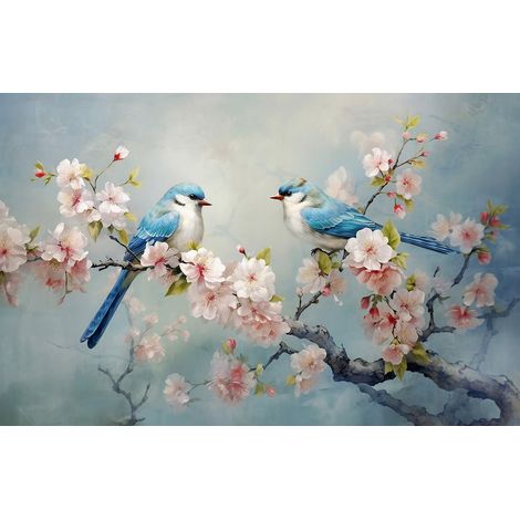Papier peint panoramique - Fleurs Oiseaux - 130 cm x 83 cm (1/2)