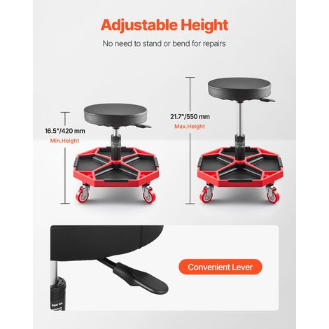 Tabouret mécanicien à roulettes, charge 300 lbs, chaise atelier réglable 42-55 cm, siège creeper avec plateau outils, garage boutique réparation auto, noir+rouge (1/5)