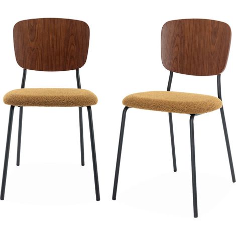 Lot de 2 chaises assise bouclette texturée moutarde. dossier bois de peuplier courbé. pieds en métal noir mat (1/5)