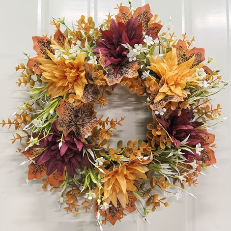 Couronne de Porte d'Automne avec Dahlia, Chrysanthème, Feuilles d'Érable et Eucalyptus, Décoration pour Maison, Porche, Thanksgiving et Halloween (1/5)