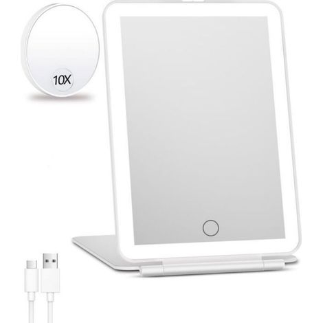 Miroir de maquillage LED - 3 couleurs de lumière Lentille grossissante x10 - Maquillage portable - Blanc (1/4)