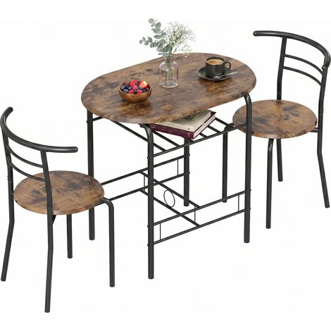 Ensemble repas 3 pièces, table de cuisine et chaises pour 2 personnes avec étagère, salon, aspect bois rustique brun (1/5)