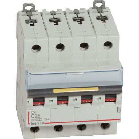 Disjoncteur DX³10000 16kA arrivée haute et départ bas à vis 4 Pôles 400V 25A courbe C 4 modules LEGRAND 409357 (1/2)
