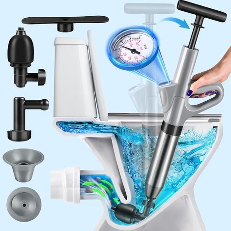 Pompa ad aria compressa LittleDomi per disostruire lavandini, vasche da bagno, docce, scarichi, fognature, WC e impianti idraulici, con 4 accessori, pompa, ABS/acciaio inossidabile e manometro. (1/5)