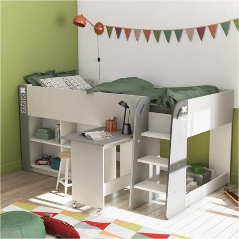 Befara – Lit mezzanine 90 x 200 cm avec bureau amovible – 4 étagères de rangement – Finition blanche et grise – Pour espaces réduits