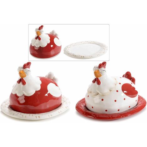 Piatti in ceramica / vassoi con coperchio a forma di gallinella, adatti al contatto alimentare, set da 2 pezzi, cm 19 x 16 x 13 H