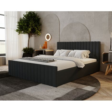 Emporius Lit double 140x200 cm Billo Slim Velvet, lit moderne en velours avec tiroir de rangement, Noir (1/4)