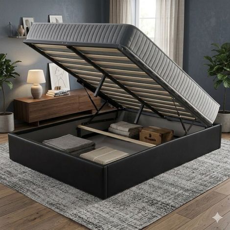 Ensemble Lit Coffre et Matelas 120x190 cm - Couleur : Noir - Sommier Relevable avec Grand Coffre de Rangement et Vérins Hydrauliques - Matelas Latex Soutien Ferme - Lit Coffre Déhoussable Moderne (1/5)