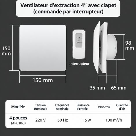 Extracteur d'air rond APC10-J diamètre 100 mm avec télécommande et clapet anti-retour 100 réf 5624 1 g – Livraison gratuite