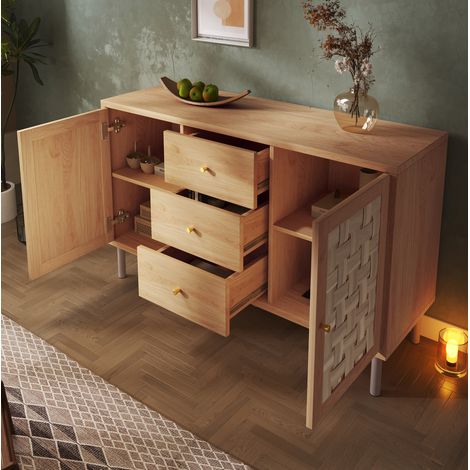 Aparador 120 x 40 x 75 cm con 2 puertas y 3 cajones, patas de metal, color roble DESVIAE (1/5)