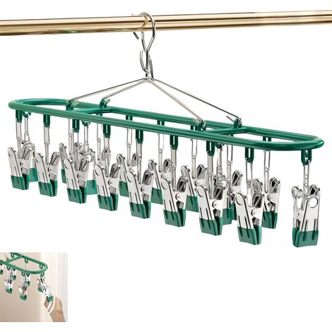 Percha metálica con pinzas, fabricada en acero inoxidable, apta para secar ropa y calcetines, incluye 20 pinzas, color verde.