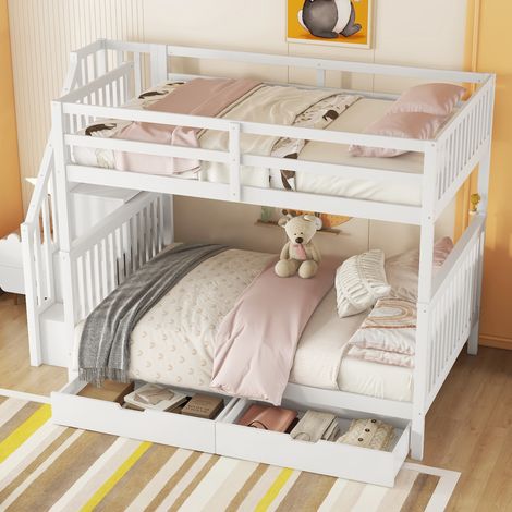 DESVIAE Lit superposé enfant 140 x 200 cm avec escalier rangement deux tiroirs et garde corps haut blanc en pin et MDF (1/5)