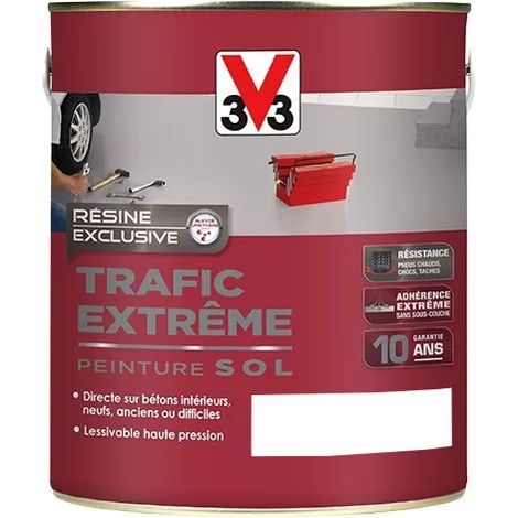 V33 – Peinture pour sol intérieur – Blanc satin 2,5 L – Haute résistance aux passages de véhicules – Pour ciment et béton