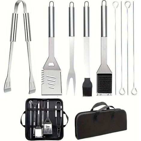 Set di 9 utensili da barbecue in acciaio inox con borsa per il trasporto, paletta, spazzola metallica, pinze e forchetta, accessori per cucinare all'aperto e per il campeggio - Crezuo