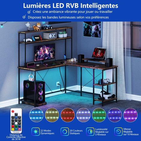 Table de gaming en L avec bande LED et prises de courant, bureau d'angle avec support pour écran/CPU - marron (1/5)
