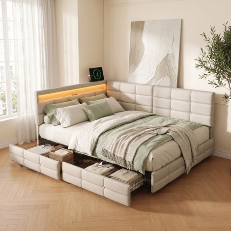 Lit adulte 140x190 cm avec 2 tiroirs, lit banquette, sommier à lattes, tête de lit forme L avec port de charge et LED, tissu lin capitonné - Beige