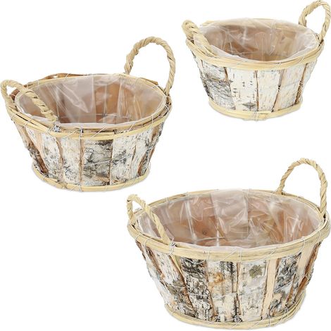 Set di 3 vasi da fiori rotondi con manici design naturale interno ed esterno in legno di betulla 130012590