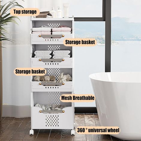 Wäschesammler 4 Fächer, Wäschekorb mit Rädern, Wäschewagen, Trolley zum Aufbewahren von Kleidung oder Gegenständen, Faltbarer Wäschekorb 41.6 29.7 110.4 cm (1/5)