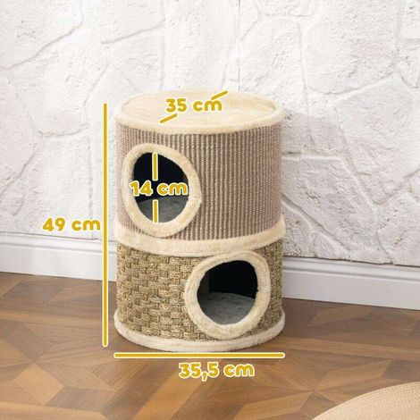 Arbre à chat tonneau, sisal naturel et algues marines, peluche douce, design kaki café (1/5)