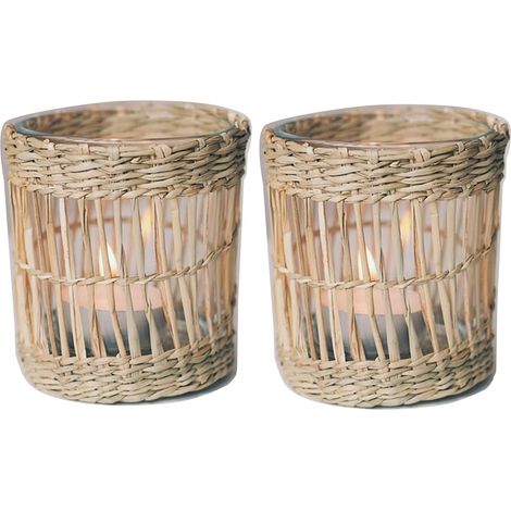 Lot 2 bougeoirs osier naturel tissé main verre votif rustique table