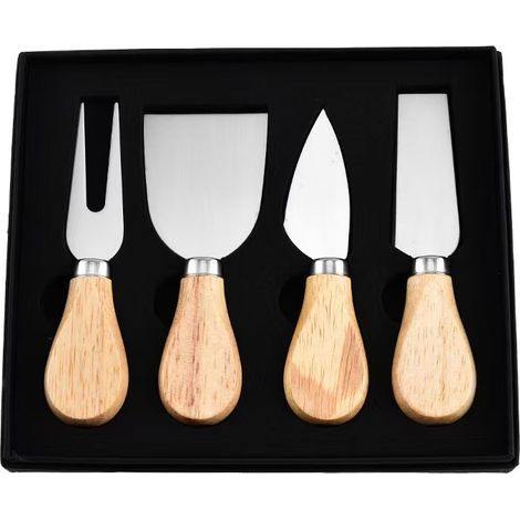Juego de 4 cuchillos para queso, con hojas de acero inoxidable y mangos de madera, ideales para quesos y pasteles. (1/4)