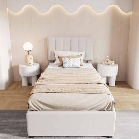 Kinderbett mit Bettkasten 90x200cm – Gepolstertes Kinderbett mit Lattenrost und hydraulischem Stauraum – Leinen – Beige