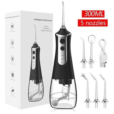 Hydropulseur buccal portable, sans fil et rechargeable, avec 5 modes, 5 embouts, capacité de 300 ml, étanche (IPX7) pour la maison et les voyages