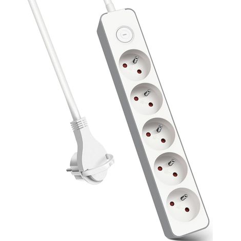 EXTRASTAR 5 Way Socket with Switch Flat Plug, 5 Sockets, Extension 3 m 230 V with Child Safety, White (1/5)