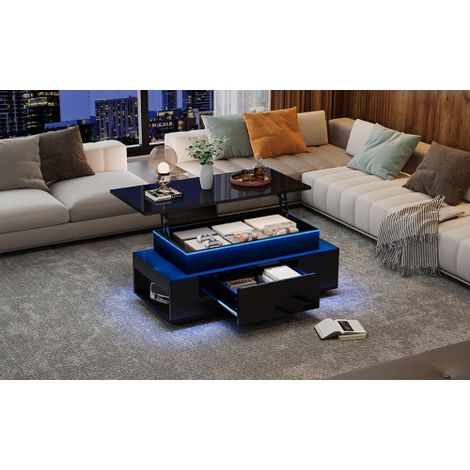 Table basse réglable en hauteur avec rangements et tiroirs dissimulés, mesurant 96 x 45 x 40 cm. Table de salon laquée noire avec éclairage LED, idéale pour les bureaux, les espaces de travail, les ré (1/5)