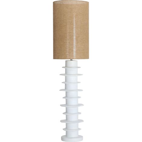 Lampe sur pied en céramique blanche finition mate et raphia brun - Blanc mat et raphia brun (1/4)