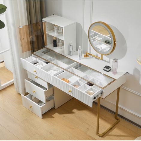 Tavolo da trucco 120/45/115 cm bianco e oro con specchio LED a 3 colori, design moderno (1/5)
