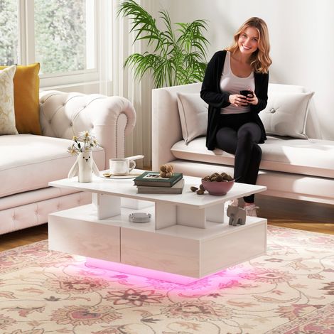 Mesa de Centro LED Moderna con 4 Cajones Estante Abierto y Luces LED de 16 Colores para Salón 90x55x41 cm Blanco Brillo (1/5)